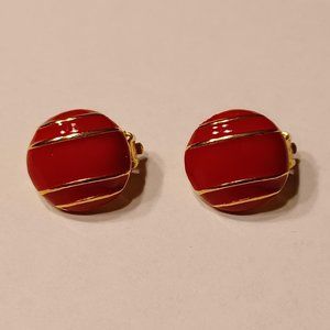 Vintage Womens Red Enamel Clip-On Earrings with Gold Accent, Excellent Condition